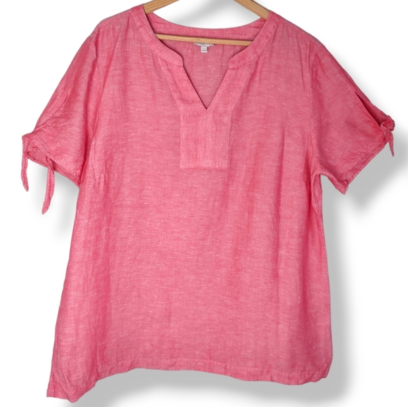 Talbot's Linen Blend Coral Pink Tunic Short Sleeve Tie Detail Top Women's Large - Picture 7 of 16